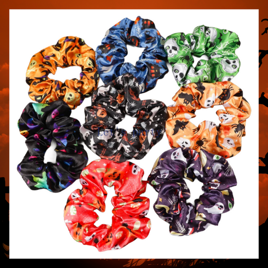 Ghost Pumpkin Skull Bat Satin Hair Scrunchies for Spooky Season Halloween Theme Party Favour Goodie Bag Fillers Set of 8