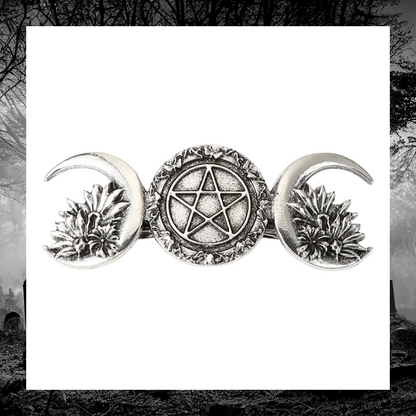 Celestial Silver Crescent Moon Pagan Five Pointed Star Metal Hairpin Barrette Clip