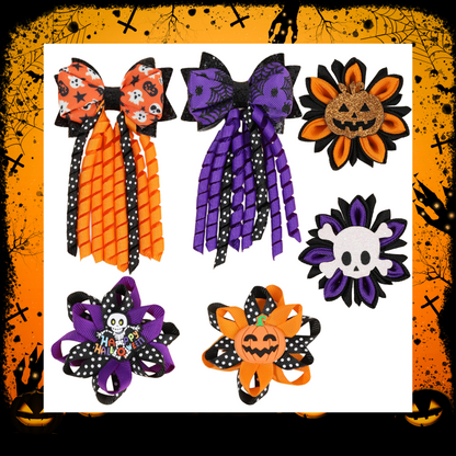 Halloween themed ribbon hair bow clips set