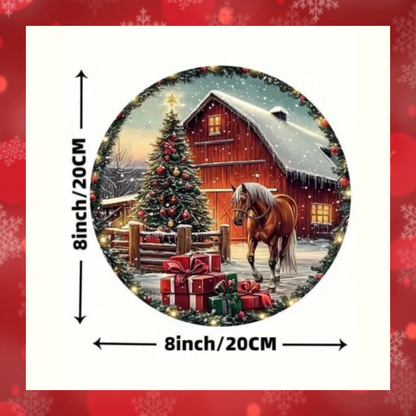 Christmas Scene Snowy Barn Horse Christmas Tree And Presents 8x8" Aluminium Wall Plaque