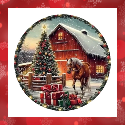 Christmas Scene Snowy Barn Horse Christmas Tree And Presents 8x8" Aluminium Wall Plaque