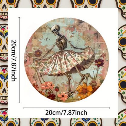 Skeleton in floral skirt in a flower field Metal wall art plaque