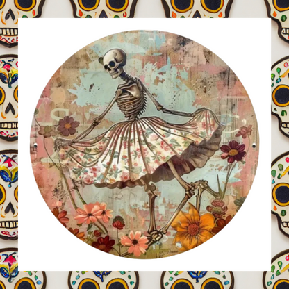 Skeleton in floral skirt in a flower field Metal wall art plaque