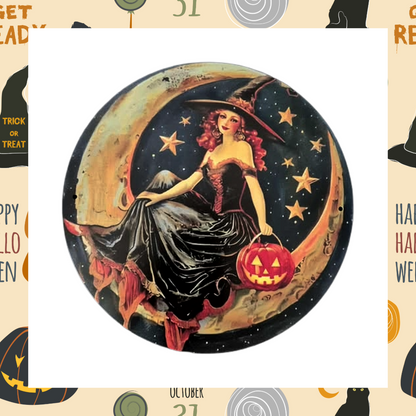 Witch Sitting On Crescent Moon Surrounded By Stars Holding a Jack O Lantern Pumpkin 8X8" Round Aluminium Wall Art Décor