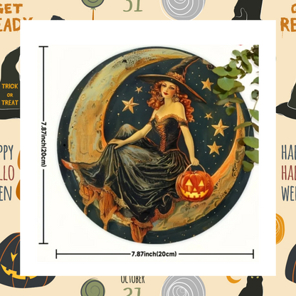 Witch Sitting On Crescent Moon Surrounded By Stars Holding a Jack O Lantern Pumpkin 8X8" Round Aluminium Wall Art Décor