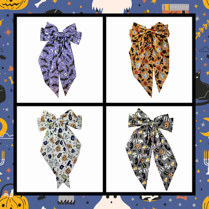 Large silky Halloween Design Bat Witch Ghost Pumpkin Spider Web Bones Skull Skeleton Print Hair Bows Barrette Clips