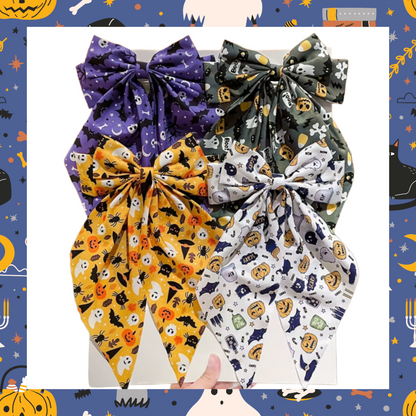 Large silky Halloween Design Bat Witch Ghost Pumpkin Spider Web Bones Skull Skeleton Print Hair Bows Barrette Clips