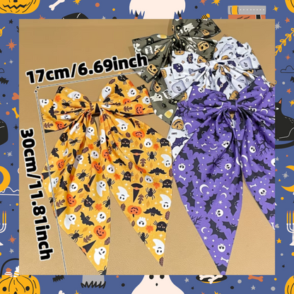 Large silky Halloween Design Bat Witch Ghost Pumpkin Spider Web Bones Skull Skeleton Print Hair Bows Barrette Clips