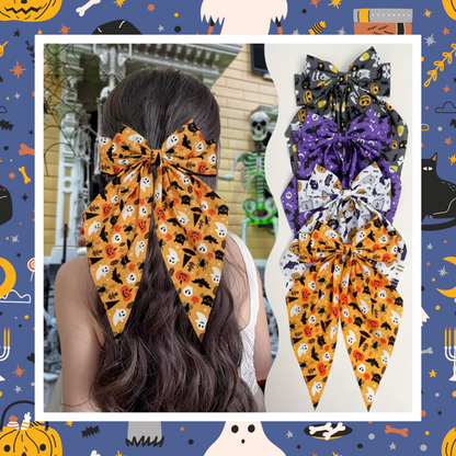 Large silky Halloween Design Bat Witch Ghost Pumpkin Spider Web Bones Skull Skeleton Print Hair Bows Barrette Clips