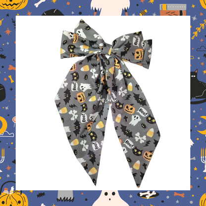 Large silky Halloween Design Bat Witch Ghost Pumpkin Spider Web Bones Skull Skeleton Print Hair Bows Barrette Clips