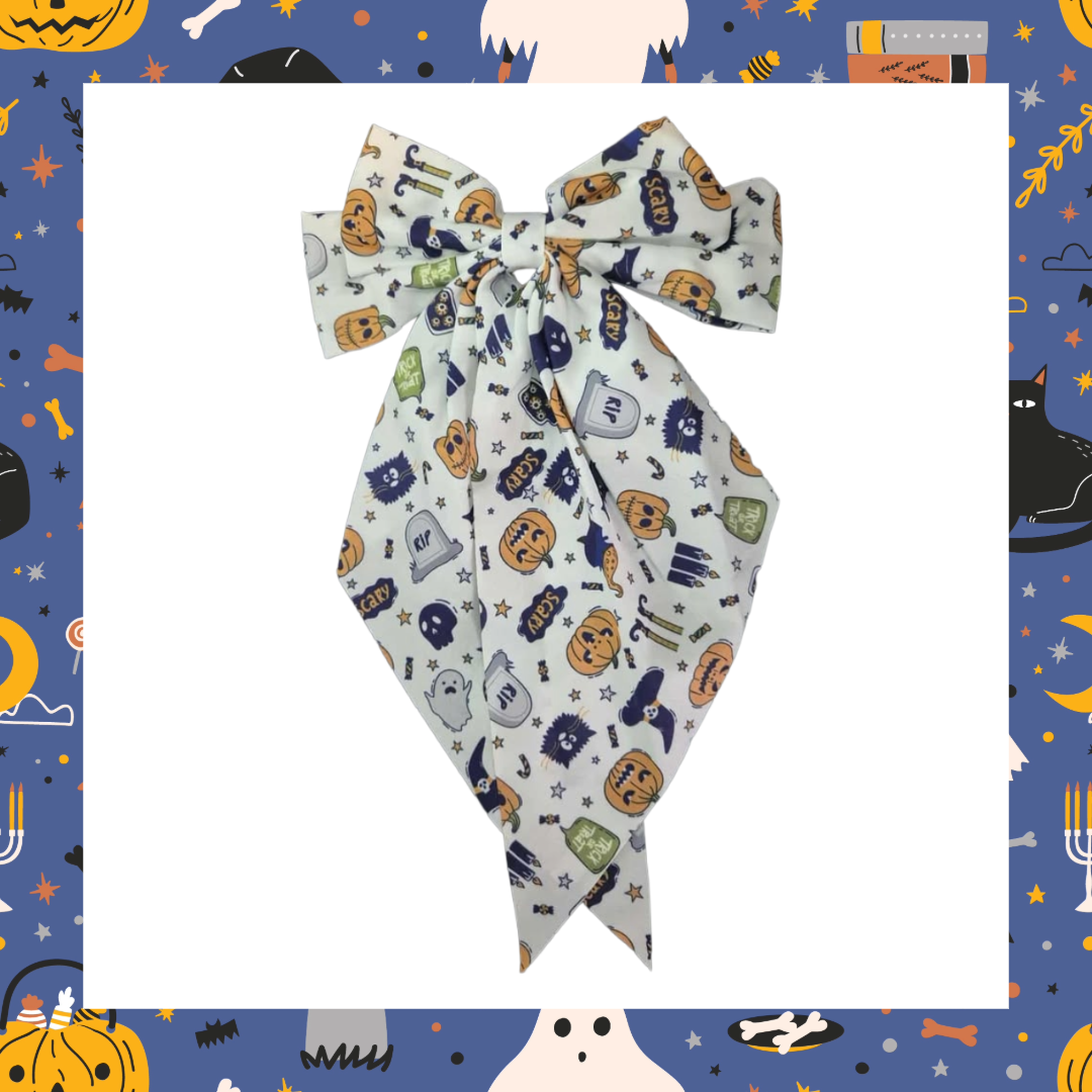 Large silky Halloween Design Bat Witch Ghost Pumpkin Spider Web Bones Skull Skeleton Print Hair Bows Barrette Clips