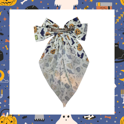 Large silky Halloween Design Bat Witch Ghost Pumpkin Spider Web Bones Skull Skeleton Print Hair Bows Barrette Clips