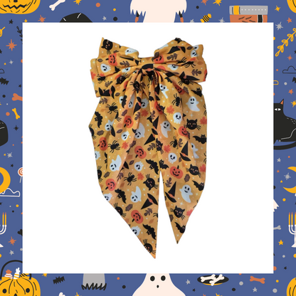 Large silky Halloween Design Bat Witch Ghost Pumpkin Spider Web Bones Skull Skeleton Print Hair Bows Barrette Clips
