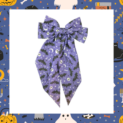 Large silky Halloween Design Bat Witch Ghost Pumpkin Spider Web Bones Skull Skeleton Print Hair Bows Barrette Clips