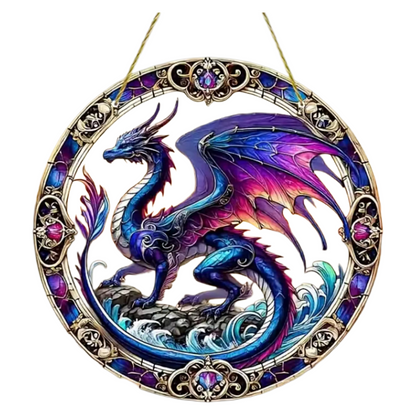 Flying Dragon Purple/Blue Translucent Stained Glass Effect 2D Round Acrylic 15x15cm Window Hanging Catcher Home, Garden Office Décor Wall Art