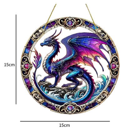 Flying Dragon Purple/Blue Translucent Stained Glass Effect 2D Round Acrylic 15x15cm Window Hanging Catcher Home, Garden Office Décor Wall Art