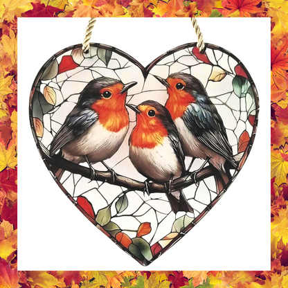 Heart Shaped Robin Design 2D Acrylic Window Catcher Stained Glass effect wall hanging for indoor and out door décor