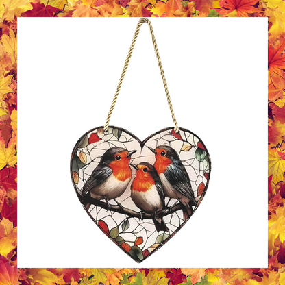 Heart Shaped Robin Design 2D Acrylic Window Catcher Stained Glass effect wall hanging for indoor and out door décor