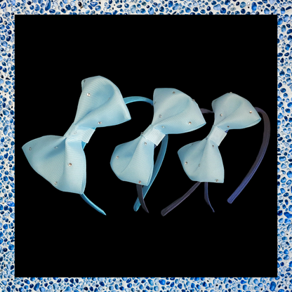 Handmade gemmed blue bow headband