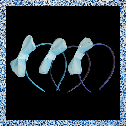 Handmade gemmed blue bow headband
