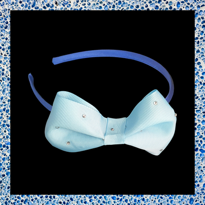 Handmade gemmed blue bow headband