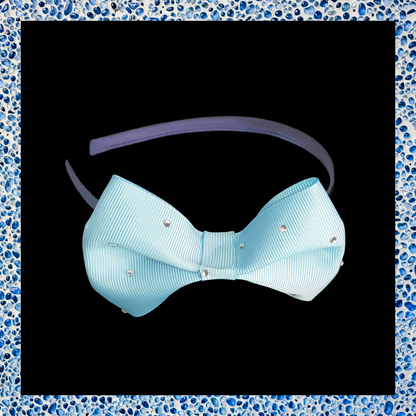 Handmade gemmed blue bow headband