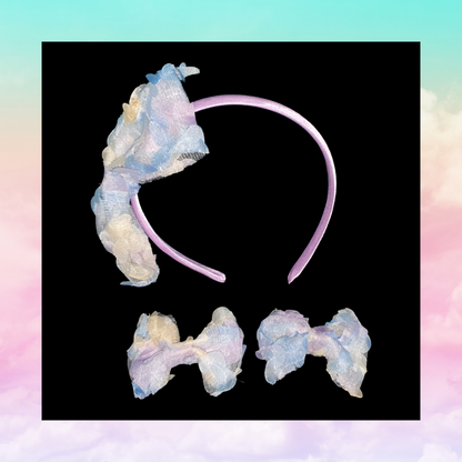 Pretty lilac satin headband With a beautiful large soft ribbon lilac/blue/yellow bow attached with matching pigtail bow clips