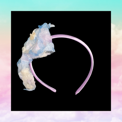 Pretty lilac satin headband With a beautiful large soft ribbon lilac/blue/yellow bow attached with matching pigtail bow clips