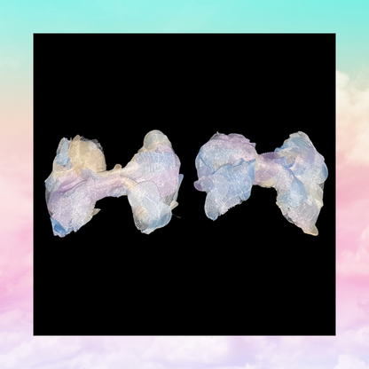 Pretty lilac satin headband With a beautiful large soft ribbon lilac/blue/yellow bow attached with matching pigtail bow clips