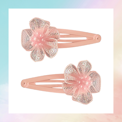 Material ribbon and pearl bead flower hair clips