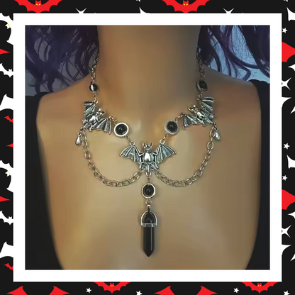 Victorian Gothic Vampire Bat Black Quartz Necklace