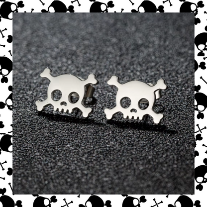 Stainless steel silver skull and cross bones earring studs
