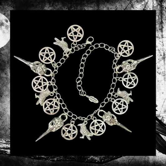 Raven Skull Gothic Crow Pagan Pentacle Pentagram Charm Bracelet