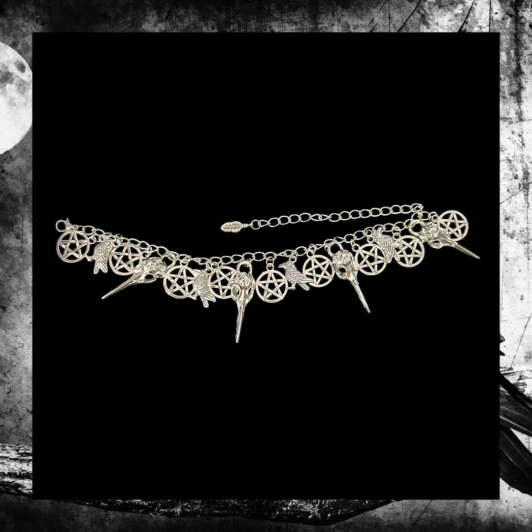 Raven Skull Gothic Crow Pagan Pentacle Pentagram Charm Bracelet