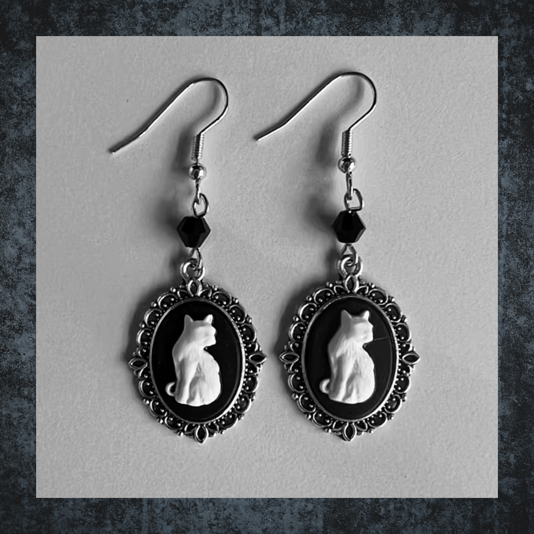 Vintage Gothic Framed White Cat Drop Earrings