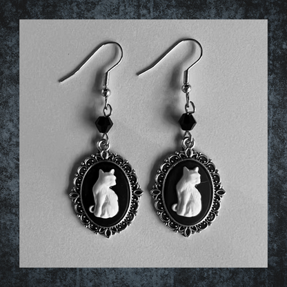 Vintage Gothic Framed White Cat Drop Earrings