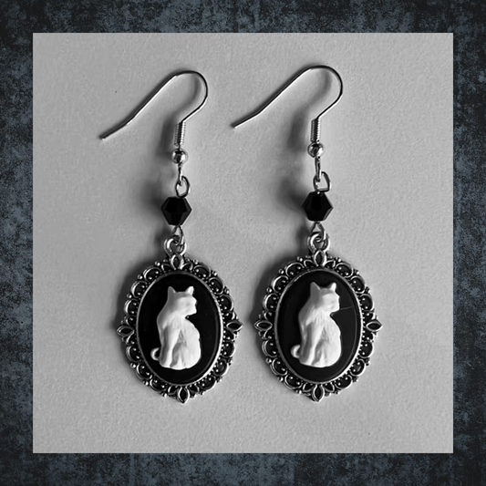 Vintage Gothic Framed White Cat Drop Earrings