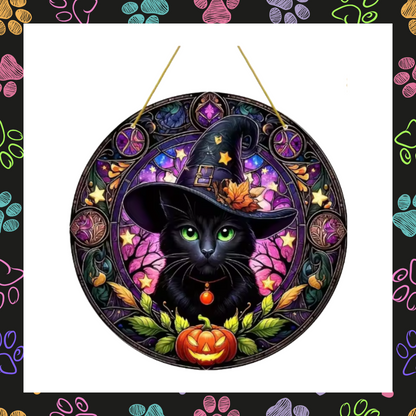 Witches black cat pumpkin autumnal design acrylic hanging window wall plaque