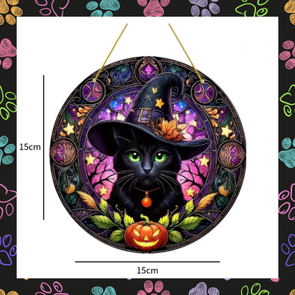 Witches black cat pumpkin autumnal design acrylic hanging window wall plaque