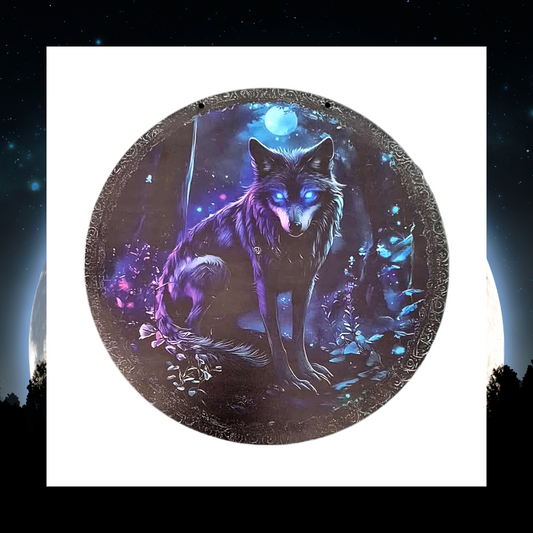 Mysterious wolf sat in a moonlit forest 2D flat round wooden sign for home and office decoration