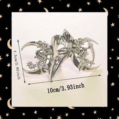 Silver Crescent Moon Raven Crow Bird Skull Pagan Celestial Metal Hairpin Barrette Clip