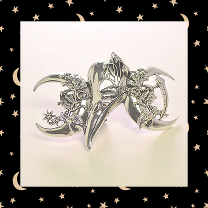 Silver Crescent Moon Raven Crow Bird Skull Pagan Celestial Metal Hairpin Barrette Clip