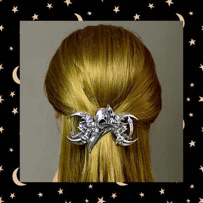 Silver Crescent Moon Raven Crow Bird Skull Pagan Celestial Metal Hairpin Barrette Clip