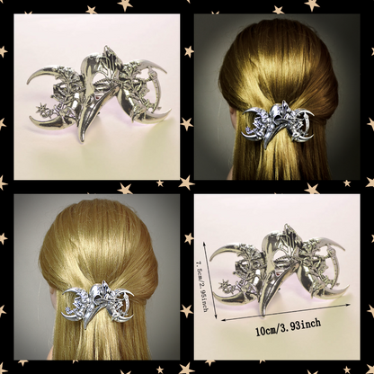 Silver Crescent Moon Raven Crow Bird Skull Pagan Celestial Metal Hairpin Barrette Clip