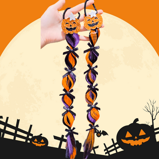 Halloween pigtail bobbles 2pcs - glitter pumpkin with twisted purple and orange faux hair with mini black ribbon bows