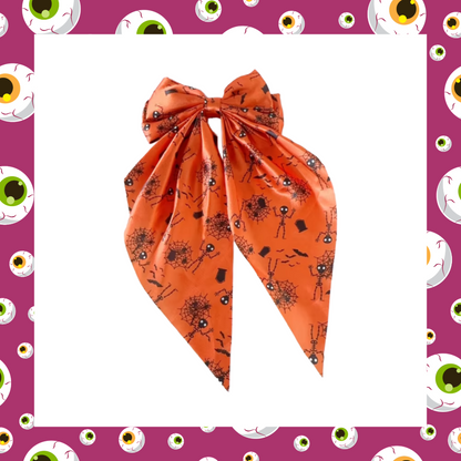 Large silky Halloween Design Bat Witch Ghost Pumpkin Spider Web Bones Skull Skeleton Print Bow Hair Clip Barrettes