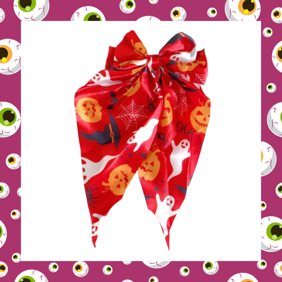 Large silky Halloween Design Bat Witch Ghost Pumpkin Spider Web Bones Skull Skeleton Print Bow Hair Clip Barrettes