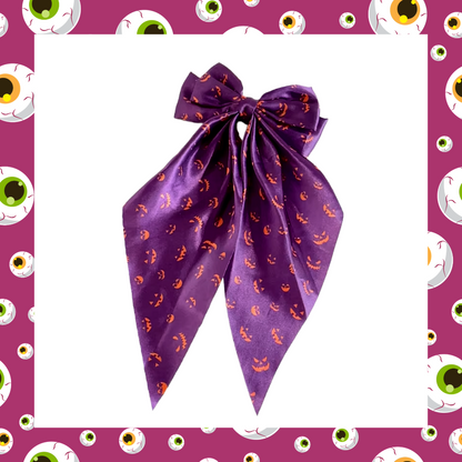 Large silky Halloween Design Bat Witch Ghost Pumpkin Spider Web Bones Skull Skeleton Print Bow Hair Clip Barrettes