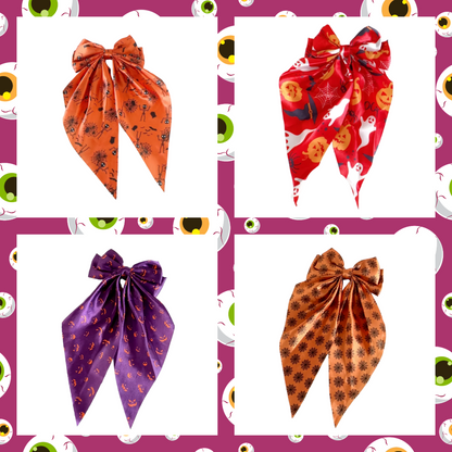 Large silky Halloween Design Bat Witch Ghost Pumpkin Spider Web Bones Skull Skeleton Print Bow Hair Clip Barrettes