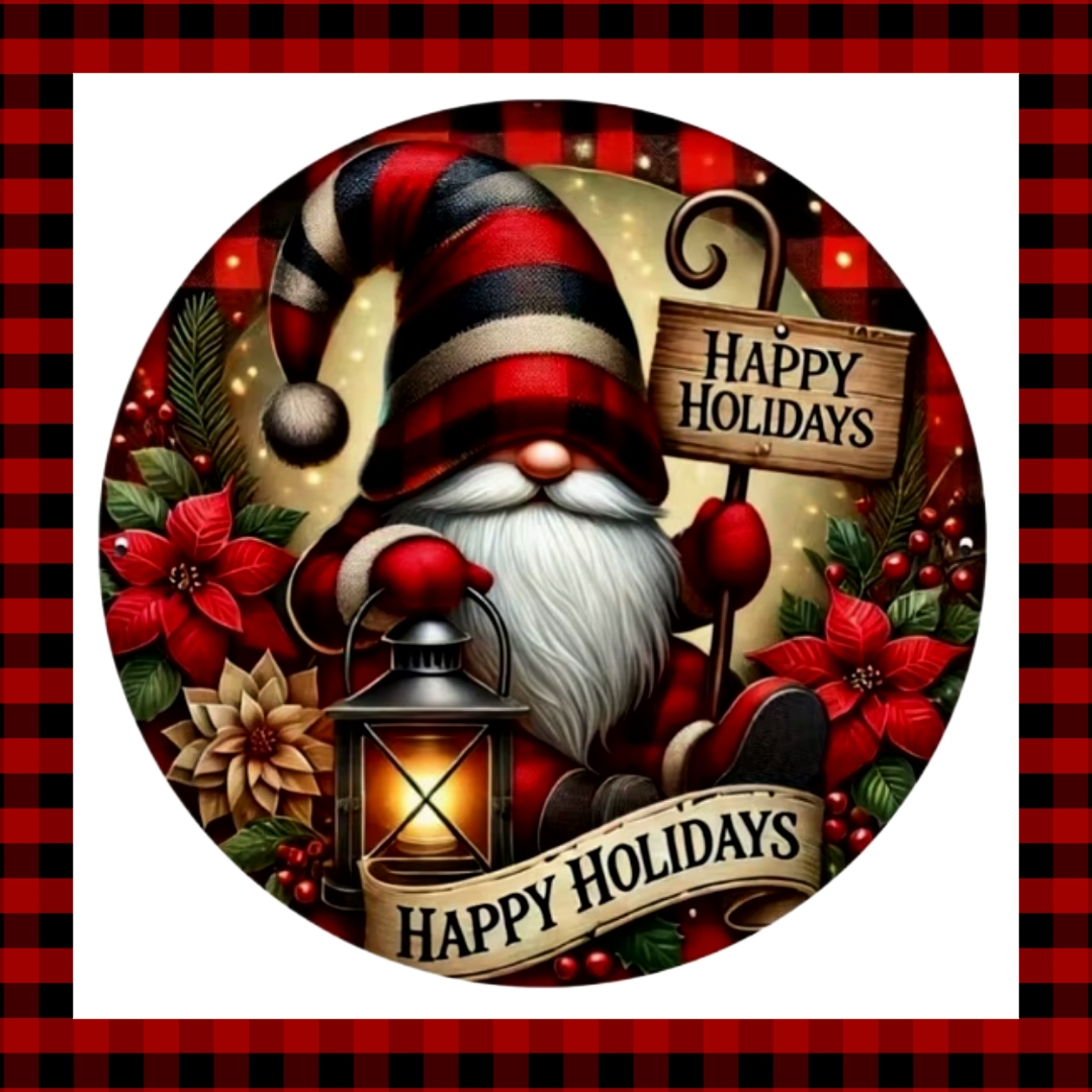 Gnome Gonk Christmas Wreath Sign Happy Holidays Flat Metal Wall Plaque for Home Garden Seasonal Holiday Décor
